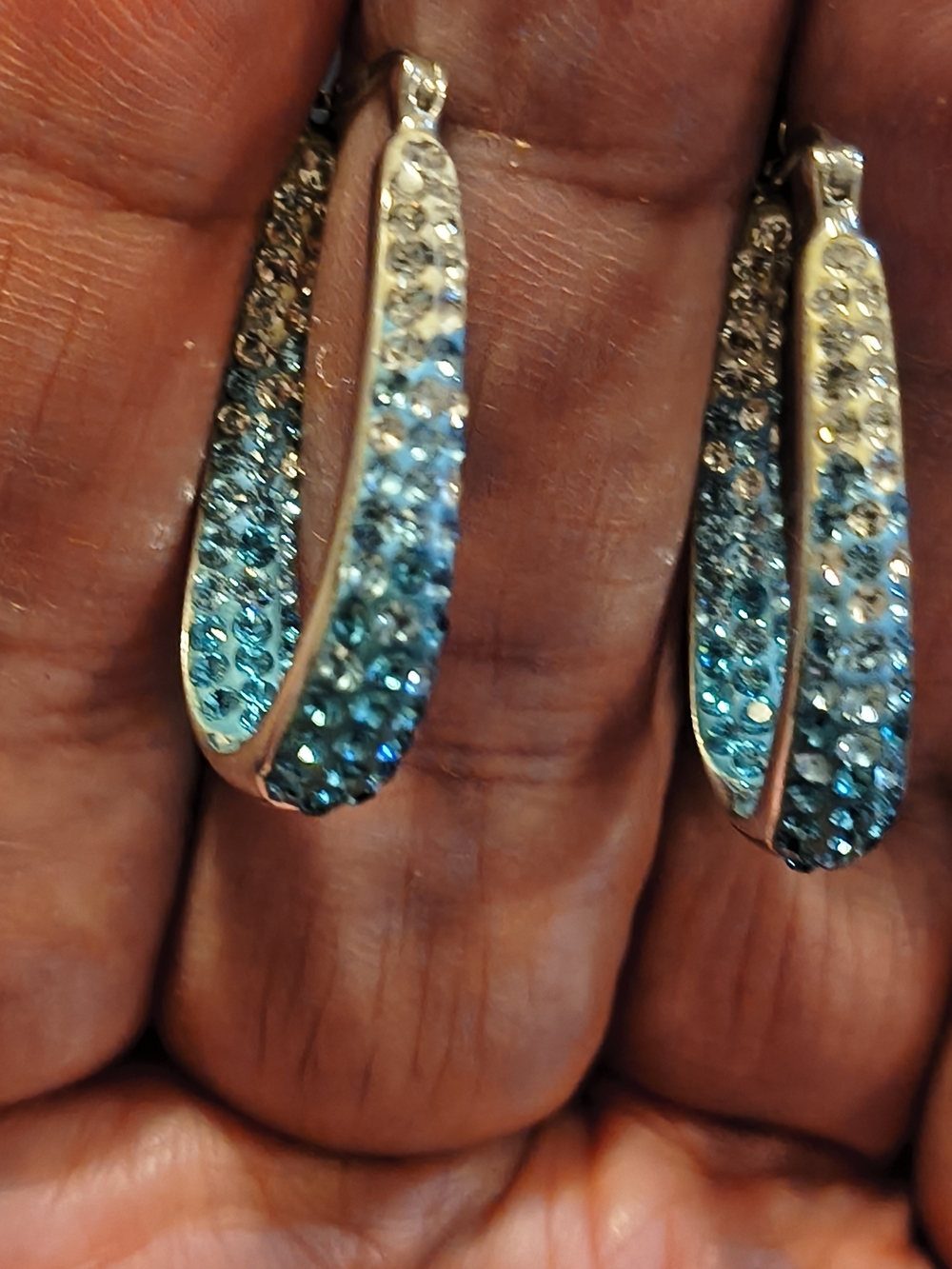 Beautiful New Au 925 Blue Hombre Cz Hoop Earrings Signed
